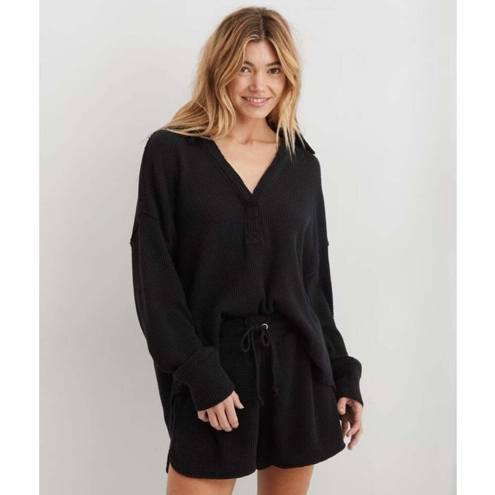Aerie Lumberlane Black Waffle Knit High Waisted Drawstring Shorts S